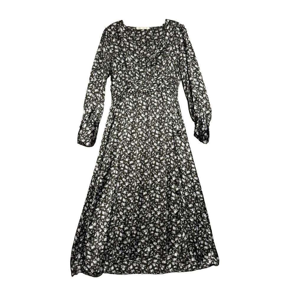 Zara Cottagecore Dark Floral Maxi Dress Medium Slit Ruched Whimsigoth Romantic